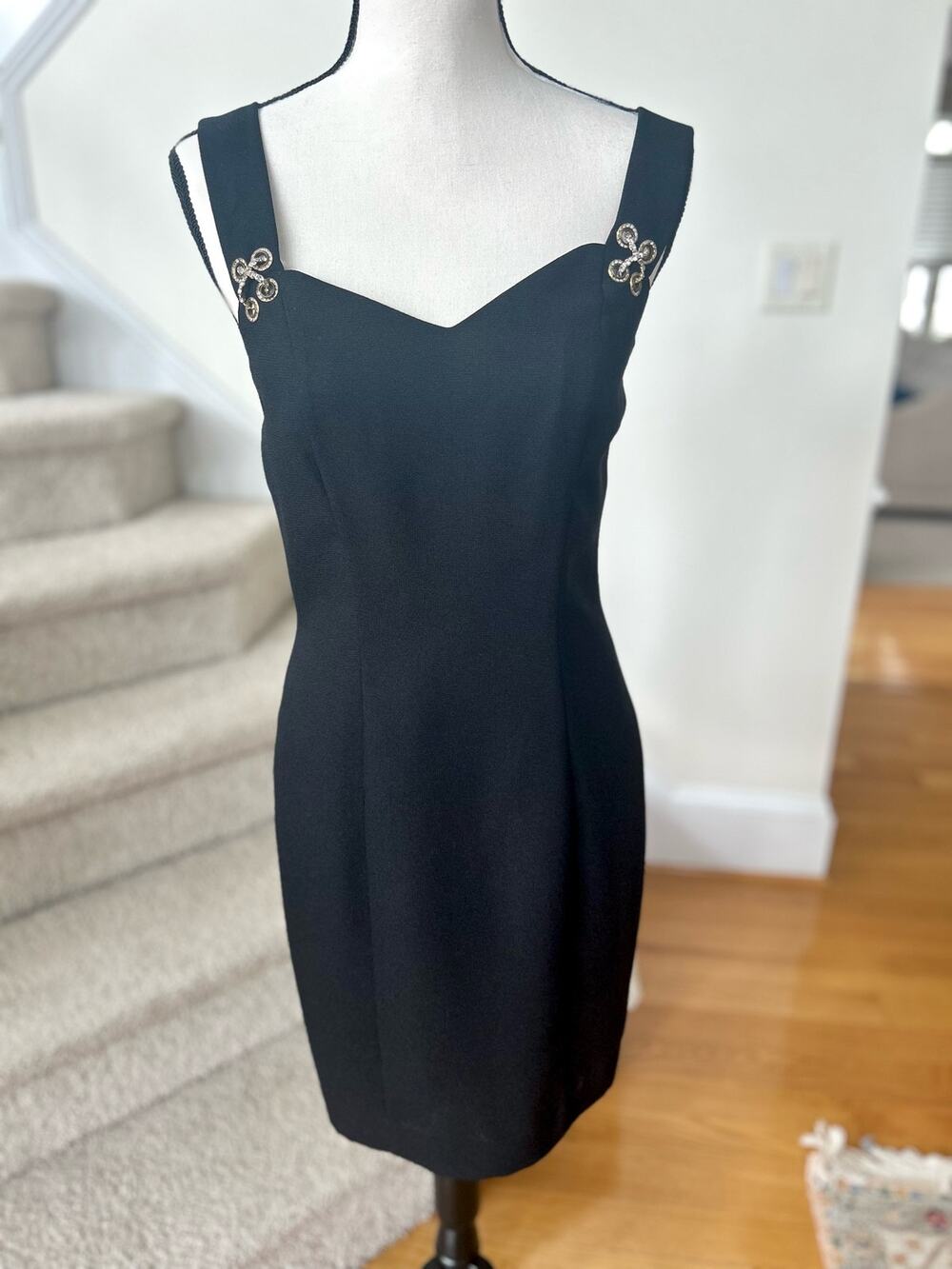 Vintage Jessica Howard Black Mini Dress Rhinestone Chain Link Strap